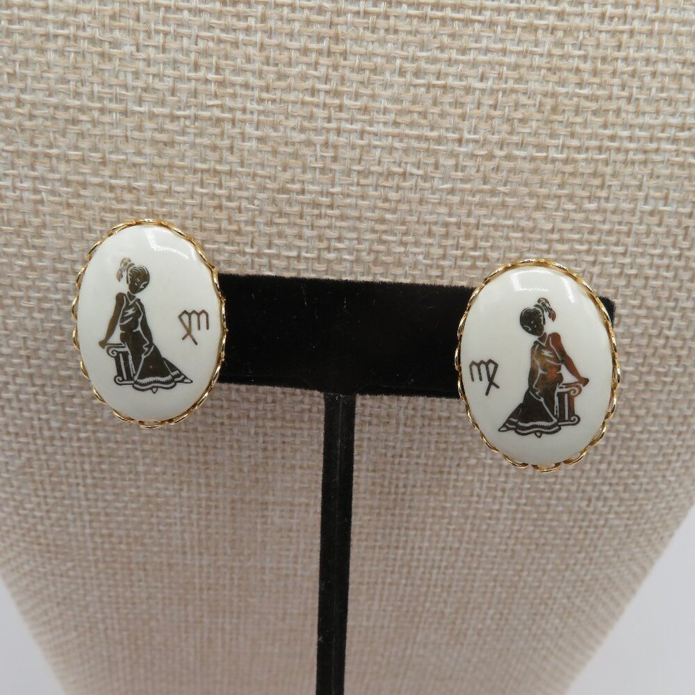 Vintage Virgo Zodiac White Enamel Gold Tone Clip On Earrings